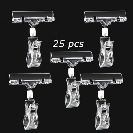 Clip Affichage - Plastique Transparent - 8 x 4 cm Haut / 6,5 x 2,5 cm Bas - Pour Étals Magasin et Vitrines - 25 Pièces (1/4)