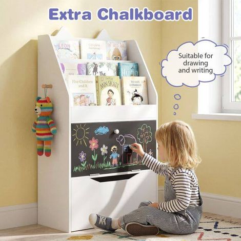 Kids White Bookshelf with Chalkboard and Storage Drawer (1/5)
