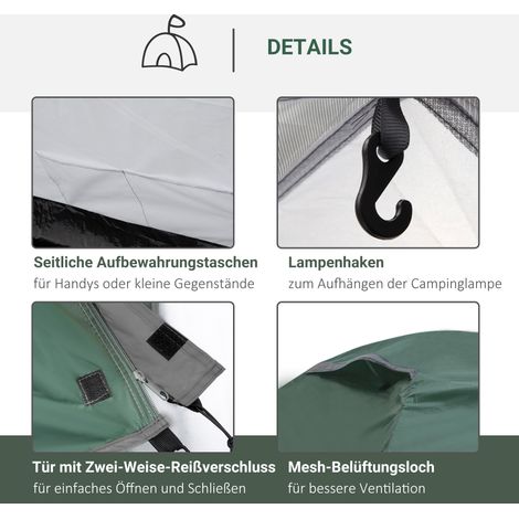 Tente de camping Outsunny 2 places, avec ouvertures en moustiquaire, crochets pour éclairage, sac de rangement, couleur gris et jaune