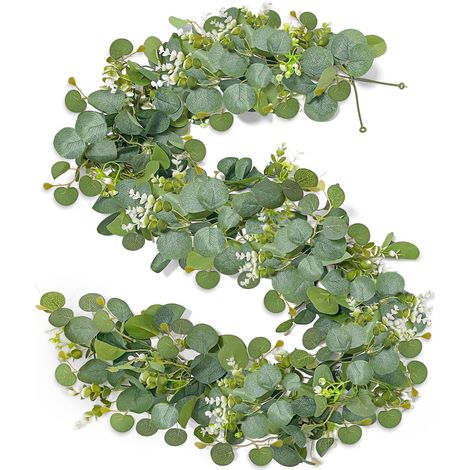 2 Pièces Guirlande Eucalyptus Artificiel, 1,8 m Guirlande de Fleurs Artificielles, Vignes Feuilles D'eucalyptus Décoration avec Fleurs Blanches, pour Mariage, Fête, Table Décoration (Vert) (1/5)