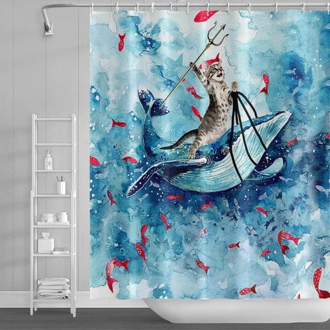 165x183cm Drôle Chat Rideau de Douche Mignon Chat Baleine Océan Vague Rideau de Bain Dessin animé Rouge Poisson Bleu Rideau de Baignoire Tissu Étanche pour Salle de Bain avec Crochets (1/5)