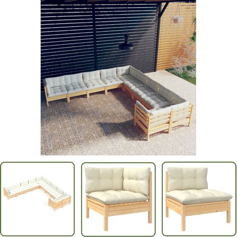 INLIFE Salon de jardin 10 pcs avec coussins crème Bois de pin (1/5)