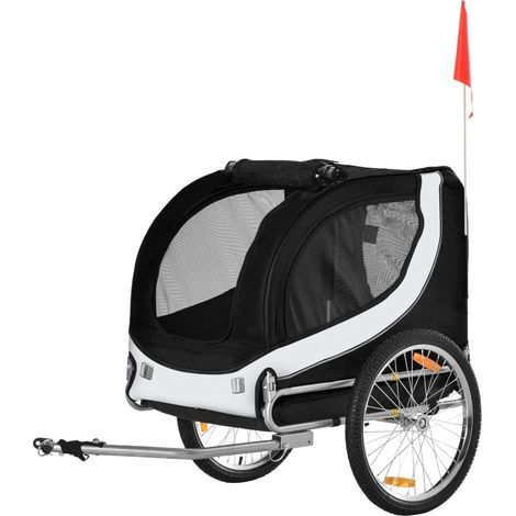 Remorque Bicyclette pour Chiens Taille Moyenne avec Fenêtres Latérales et Drapeau, 130x73x90 cm, Blanc et Noir (1/5)