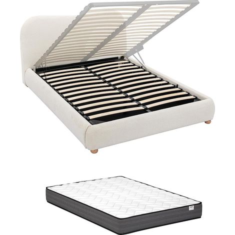 Lit coffre 160 x 200 cm - Tissu bouclette - Blanc + Matelas - VANARI