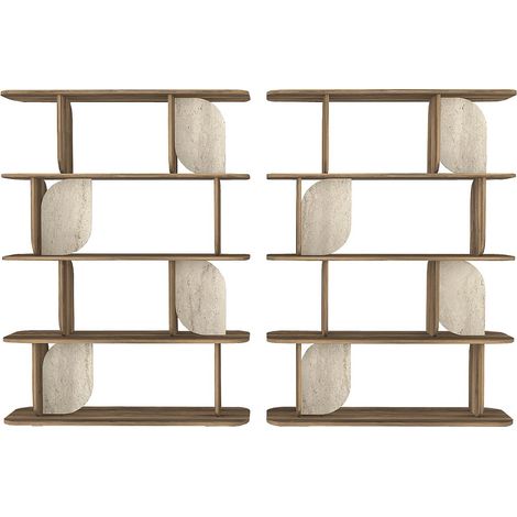 Lot de 2 étagère avec 4 tablettes - Naturel foncé et effet travertin beige - NELERIA (1/4)