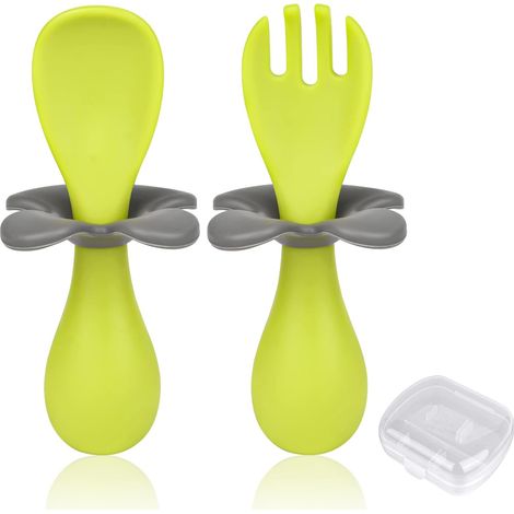 MIMOSON-Cuillère et fourchette pour bébé, lot de 2 couverts ergonomiques pour bébé, facilitant l'apprentissage de l'autonomie alimentaire ( (1/5)