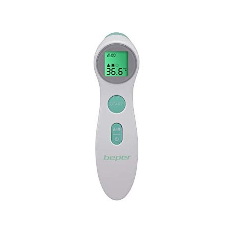 BEPER P303Med001 Termometro Febbre Infrarossi, senza Contatto, Misurazione Corporea/Liquidi/Oggetti e Superfici, Display LCD Retroilluminato, Memoria 10 Misurazioni, Bianco/Verde Acqua (1/4)