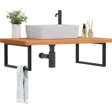 Waschbeckenregal Wandmontage Stahl und Massivholz Buche