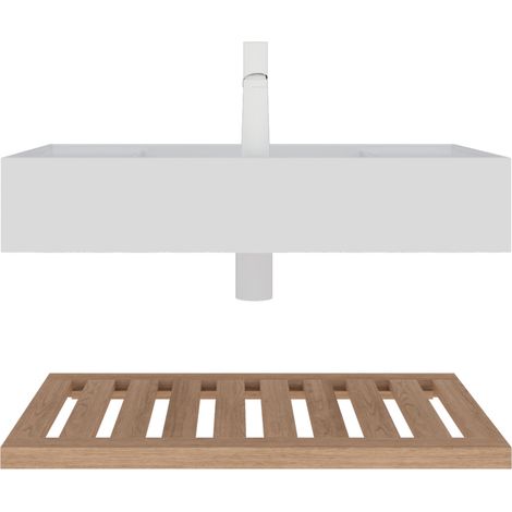Mobile bagno sospeso 75 cm con lavabo integrato in resina e ripiano effetto legno (1/5)