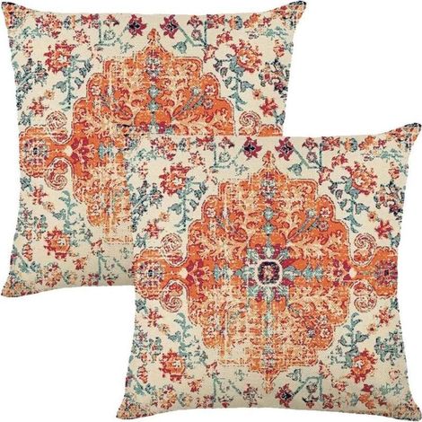 Motif ethnique housse coussin bohème 45x45 cm lot de 2 lin respirant, salon chambre ou extérieur confortable durable coloris orange (1/4)