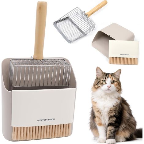 Pelle à Litière avec Support, Pelle en Acier Inoxydable avec Boîte Ramasse Miette et Mini Brosse, Fixation Murale Adhésive, Tamisage Rapide pour Litière Agglomérante (1/5)