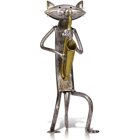 Chat en Métal Sculpture avec Guitare, Figurine Cadeau pour Noël, Thanksgiving, Déco Maison, Artisanat, Style 1 (1/5)