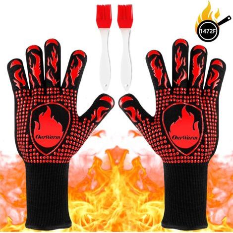 Barbecue Gloves, 1472 "Heat Resistant Cooking Gloves, BBQ Oven Gloves with 2 Brushes, Non-Slip, Fire-Retardant Silicone Gloves for Food-Grade Cooking (1/4)