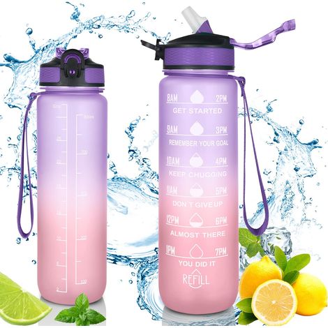 Gourde Sport, 1 Litre Bouteille d'eau étanche avec Marqueur de Temps de Motivation sans BPA, Gourdes d'eau Réutilisable avec Brosse de Nettoyage, pour Camping Voyage Gym Cyclisme (1/5)