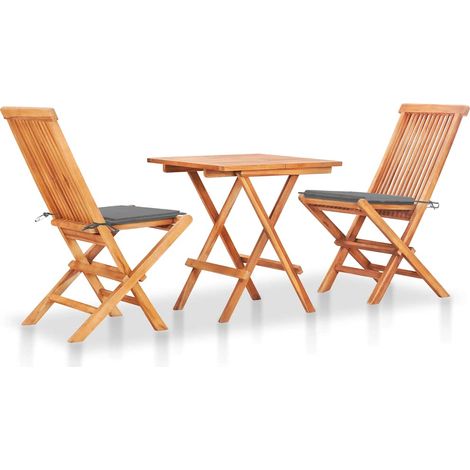 Set de bistró 3 pzas con cojines grises madera maciza de teca