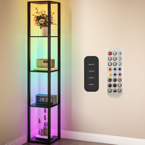 RGB LED Floor Lamp with Shelves, Modern Dimmable Standing Lamp with Remote Control, Adjustable Brightness & Speed for Living Room, Bedroom, Office, Black (1/5)
