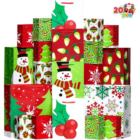 Lot de 20 sacs-cadeaux de Noël en papier, avec 6 motifs en 3 tailles avec poignées et des impressions chic pour cadeaux de Noël, école, salles de classe, décorations de fêtes