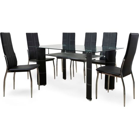 Mesa de Cristal Templado + 6 Sillas en Polipiel/Metal