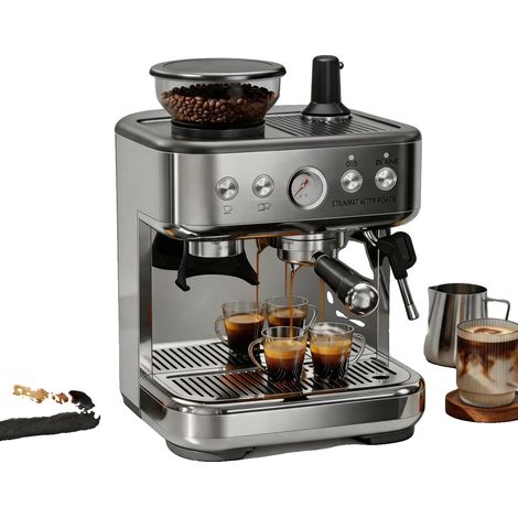 Cafetera espresso, molinillo integrado, espumador de leche profesional, color plata. (1/2)