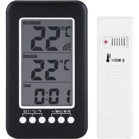 Thermomètre numérique sans fil avec affichage intérieur/extérieur et horloge – Précision haute, transmission stable jusqu’à 100 m, écran LCD clair, alimentation par piles