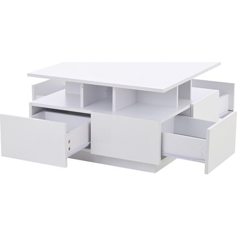 ELVMI Tavolino da salotto con 4 Cassetti e 1 Vano semiaperto, LED, Finitura Lucida, in Pannelli di particelle, 70 × 70 × 40 cm, Bianco (1/5)