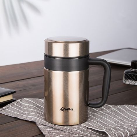 Mug isotherme grande capacité en acier inoxydable (doré, 520 ml), pour usage domestique. (1/5)