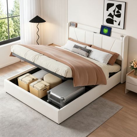 Lit 160x200 cm avec sommier USB et Type-C, Lit coffre 160x200 avec rangement et sommier à lattes, LIt Double Rembourré pour Adultes et Adolescents, Lin, Beige (1/5)