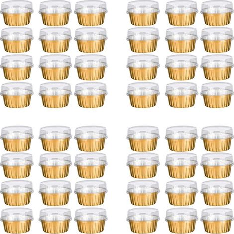 Vasitos de postre con tapa, paquete de 200 unidades, soportes para hornear de papel de aluminio dorado, pequeños moldes para pasteles transparentes. (1/4)