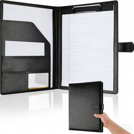 Porte-documents A4 de conférence – Organisateur de documents et bloc-notes – Similicuir – Compartiments pour papier et stylo – Noir (1/5)