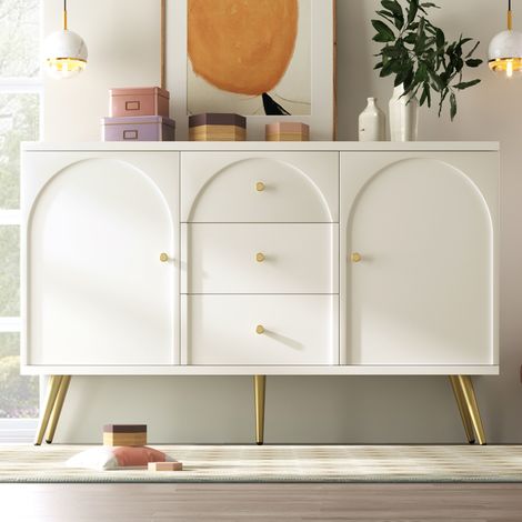Cream White Sideboard Cabinet for Living Room with 2 Doors,3 Drawers,and Adjustable Shelf,40Dx140Wx84H CM