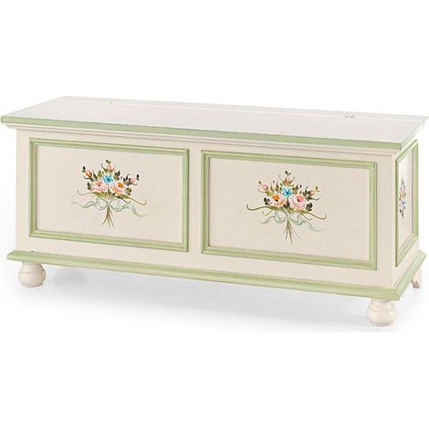 Cassapanca 120 cm in legno con piedi a cipolla Bianco con Decori