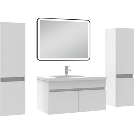 Ocean Meuble simple vasque blanc 80cm avec colonne + miroir 3 couleurs + dimmable