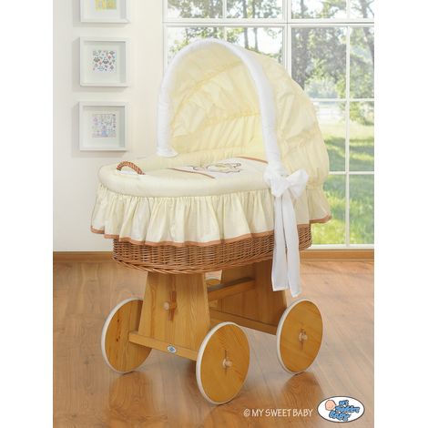 Moisés con capota - Oso Barnabas, ropa de cama natural + blanco crema con bordado (1/2)