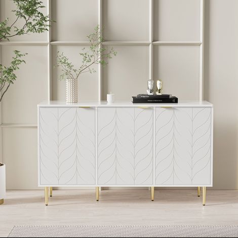 Buffet moderne avec pieds et poignées dorés, commode, laqué, coins arrondis, pour chambre, salon et salle de bain, motif floral, 2 niveaux et 6 compartiments, 127Lx45Px75H, blanc