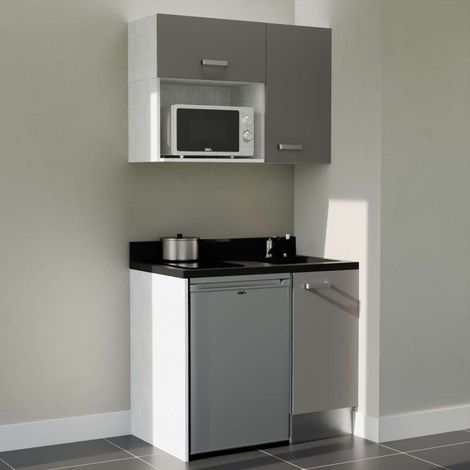 Kitchenette K00L - 100 cm - plan monobloc évier intégré Nero- évier à droite - Façades Gris + Electroménager inclus coloris Inox