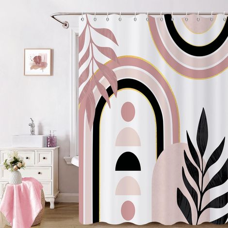 Rideau de Douche, 165x180cm, Rose Blanc Jaune Art Moderne Abstrait du Milieu du Siècle Boho Géométrique Imperméable Rideau de Salle de Bain Lavable en Machine avec Crochets (1/5)