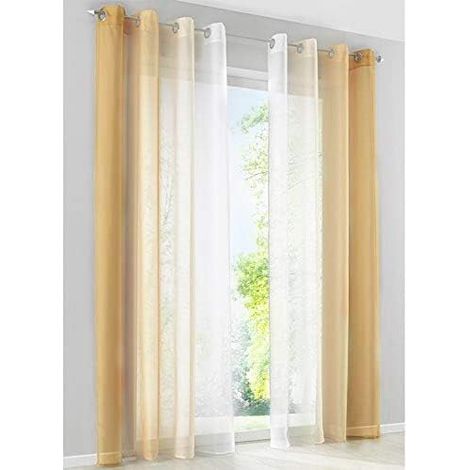 Rideau Voile - 130 cm x 240 cm - Jaune et Blanc - Pour Fenêtre Intérieure - Salle de Bain Balcon Chambre - 2 Panneaux