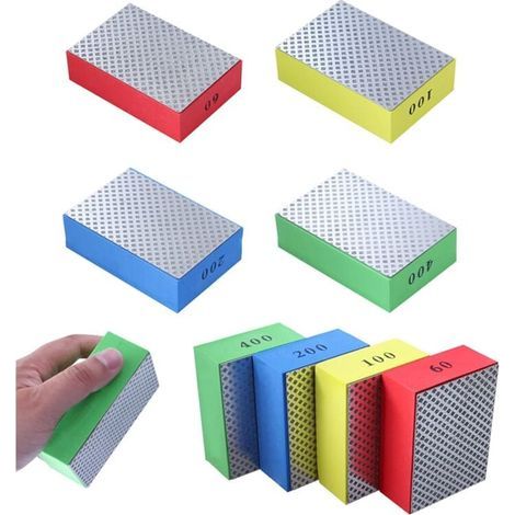 Lot de 4 tampons de polissage diamant à la main, blocs de ponçage pour pierre, céramique, carrelage, verre, 4 niveaux de rugosité – 60 100 200 400 (côté argenté) (1/5)