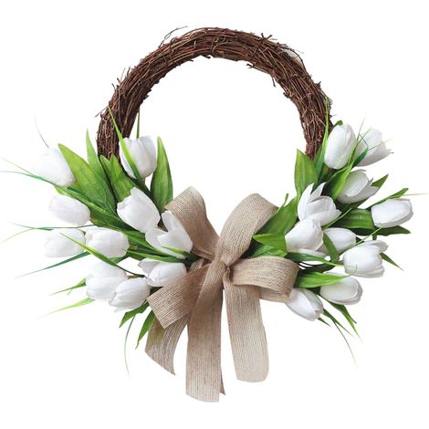 Couronne de tulipes blanches en soie, 40 cm de diamètre, pour la décoration de porte ou de mur. (1/5)