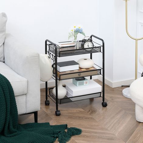 Carrito de 3 niveles con cestas, carrito de servicio con ruedas, carrito de almacenamiento, 45 x 26,5 x 63 cm, negro