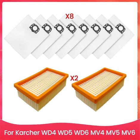 10 filtri e sacchetti per aspirapolvere Karcher WD4 WD5 WD6 MV4 MV5 MV6, accessori di ricambio come mostrato in foto.