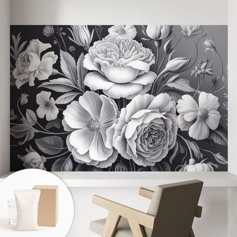 Papier peint intissé avec imprimé pour intérieur moderne application facile a motif - Colle incluse gratuite Fleurs grises 104x70 cm (1/5)