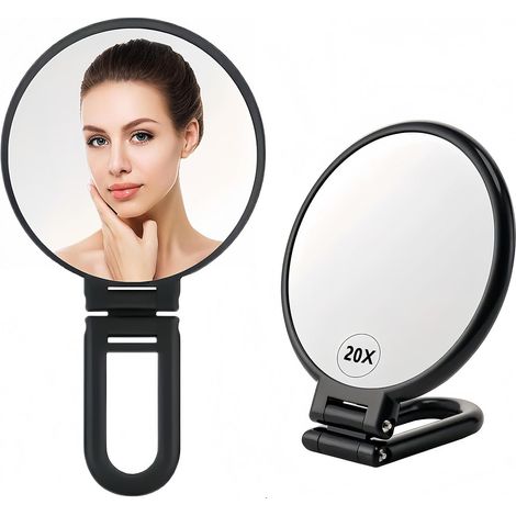 Specchio ingranditore 20x, specchio portatile a doppia faccia con ingrandimento 20x/1x, specchio per il trucco pieghevole con manico, specchio cosmetico portatile (1/5)