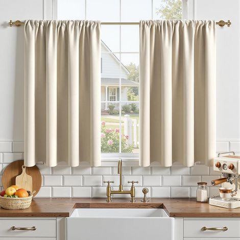 Short Thermal Blackout Curtains Beige for Small Kitchen Windows Waterproof Fabric Thermal Insulated Curtain Anti-Cold Curtain Rod Decorative Bedroom Closet 90 (W) x 60 (H) cm, 2 Pieces (1/5)