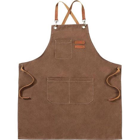 Delantal de lona, delantal de trabajo unisex, delantal de chef con cinturón ajustable y 3 bolsillos, delantal de servicio, para cocinar, hornear, artistas, pintores, con tirantes cruzados, casi 200 un (1/5)