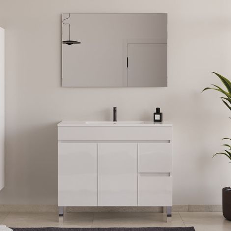 Meuble de salle de bain 90cm simple vasque sur pieds avec portes et tiroirs - blanc brillant - HARO