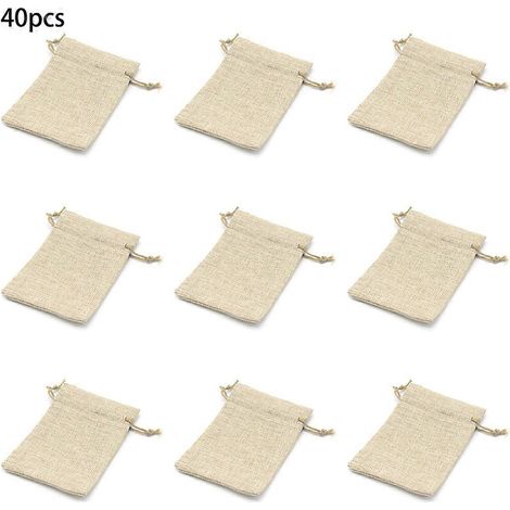 Sac en jute naturelle 10 x 14 cm, sac cadeau de mariage, sac à dragées, pochette à cordon, sac d'emballage pour bijoux, blanc (1/5)