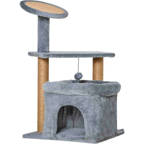 Albero Tiragraffi per Gatti 48x48x84 cm in Corda Juta Rivestimento in Peluche Grigio (1/5)