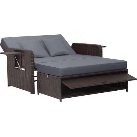 CASART Patio Rattan Daybed Set Wicker Loveseat Sofa w/Ottoman & Side Tray (1/5)