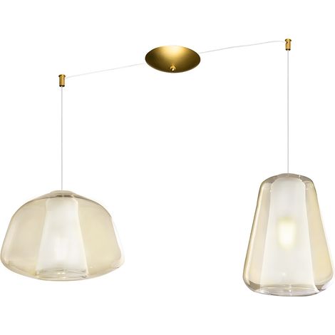 Lampadario Contemporaneo Double Skin Metallo Ottone Vetro Ambra 2 Luci E27